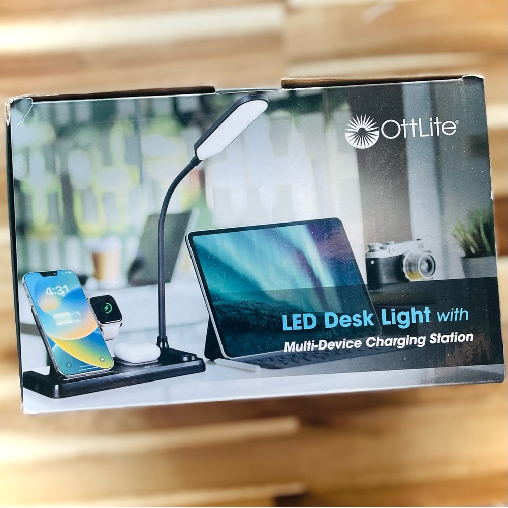 OTTLITE | LED Desk Light w/ Multi-Device Charging Station Phone Watch Earbuds
